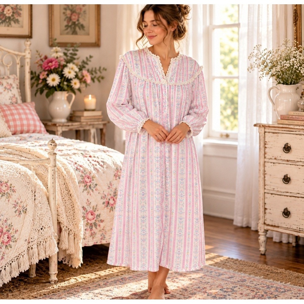 Lanz of Salzburg Nightgown L Cotton Flannel Floral Hearts Lace Pink Striped